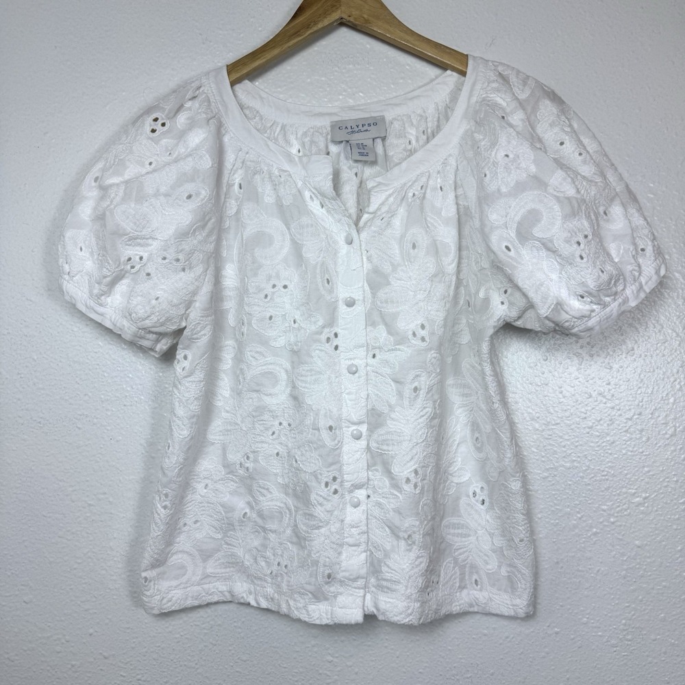 Calypso St Barth Womens Medium White Eyelet Button Up Shirt Top Floral Blouse